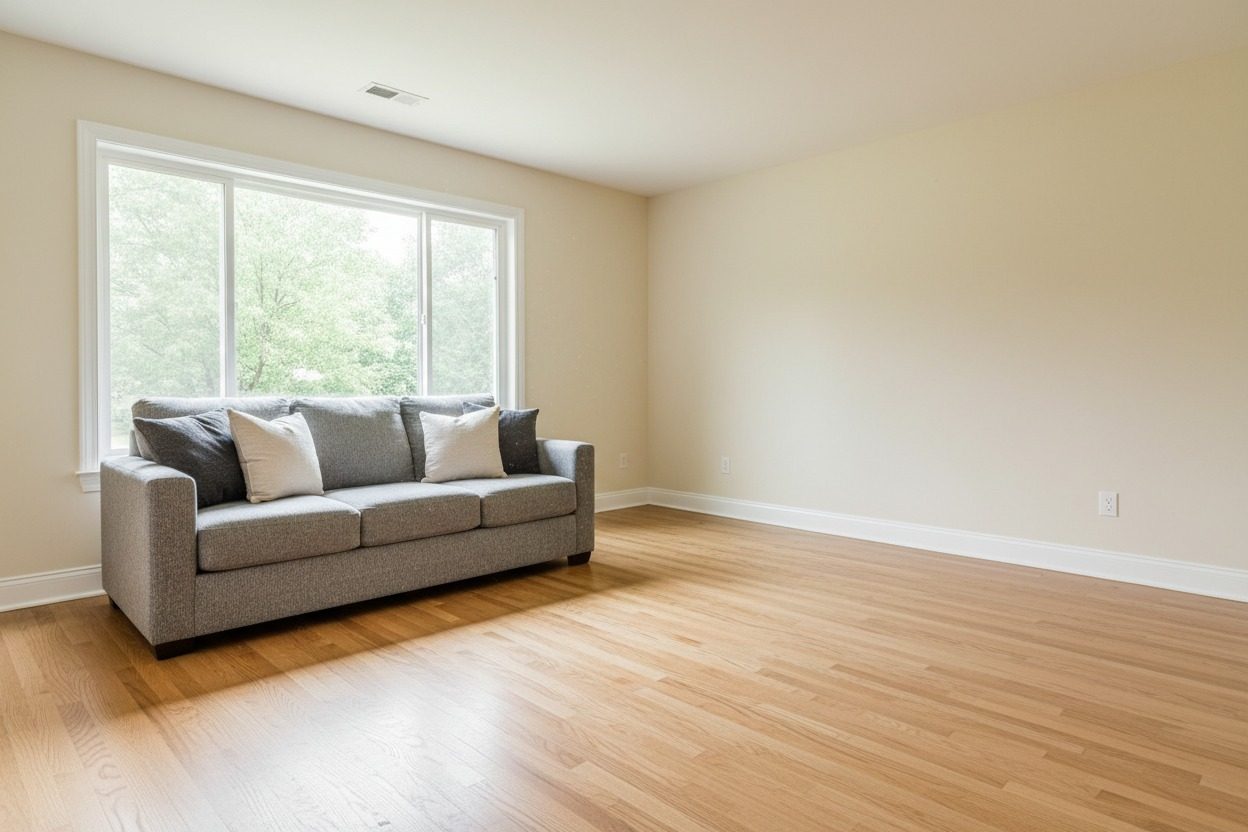 The same living room dried out and fully restored after water damage restoration