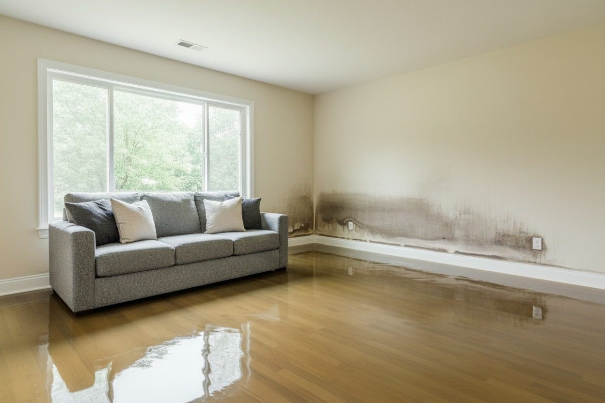 A Tulsa living room with water across the floor and moisture soaking up the walls after a flood